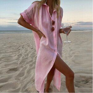 Zara Pink Linen Midi Buttoned dress sz S